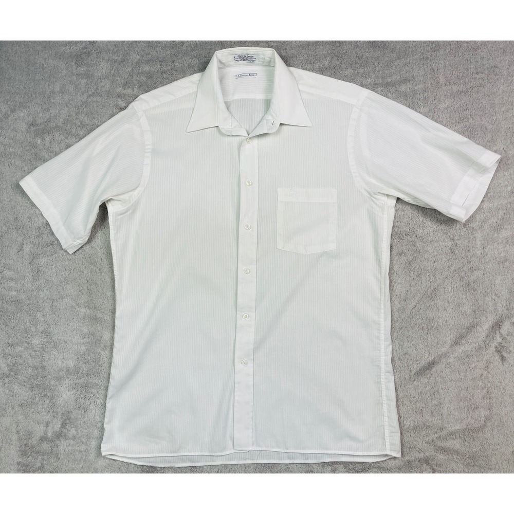 VTG Christian Dior Mens Shirt Size 16 White Stripe Short Sleeve Made USA Pocket